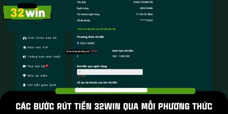 Các bước rút tiền 32WIN qua mỗi phương thức khác nhau